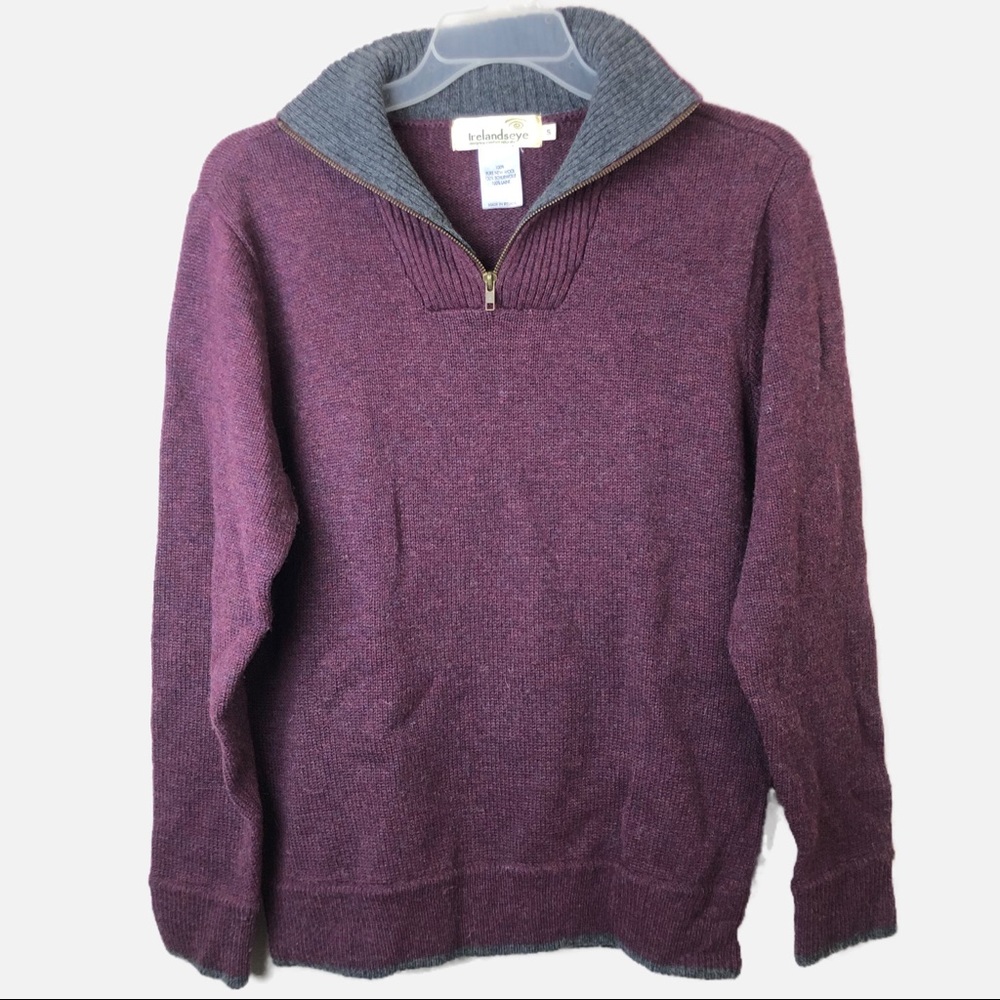 Irelands Eye 100% Wool Pullover Sweater Mens Small 1/4 Zip Long Sleeve Burgundy